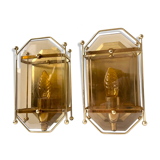 Pair of Scandinavian Vintage  wall light Sconce in Brass & Amber colored Glass