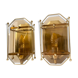 Pair of Scandinavian Vintage  wall light Sconce in Brass & Amber colored Glass