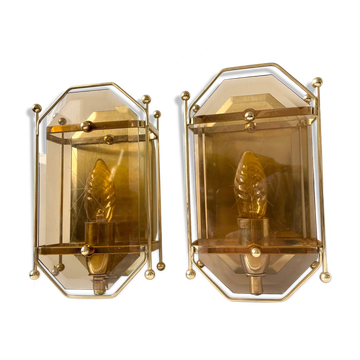 Pair of Scandinavian Vintage  wall light Sconce in Brass & Amber colored Glass