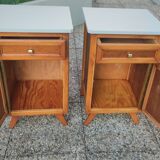 Paire de tables de chevet en chêne, a. 1950 ; piètement compas, design rétro vintage