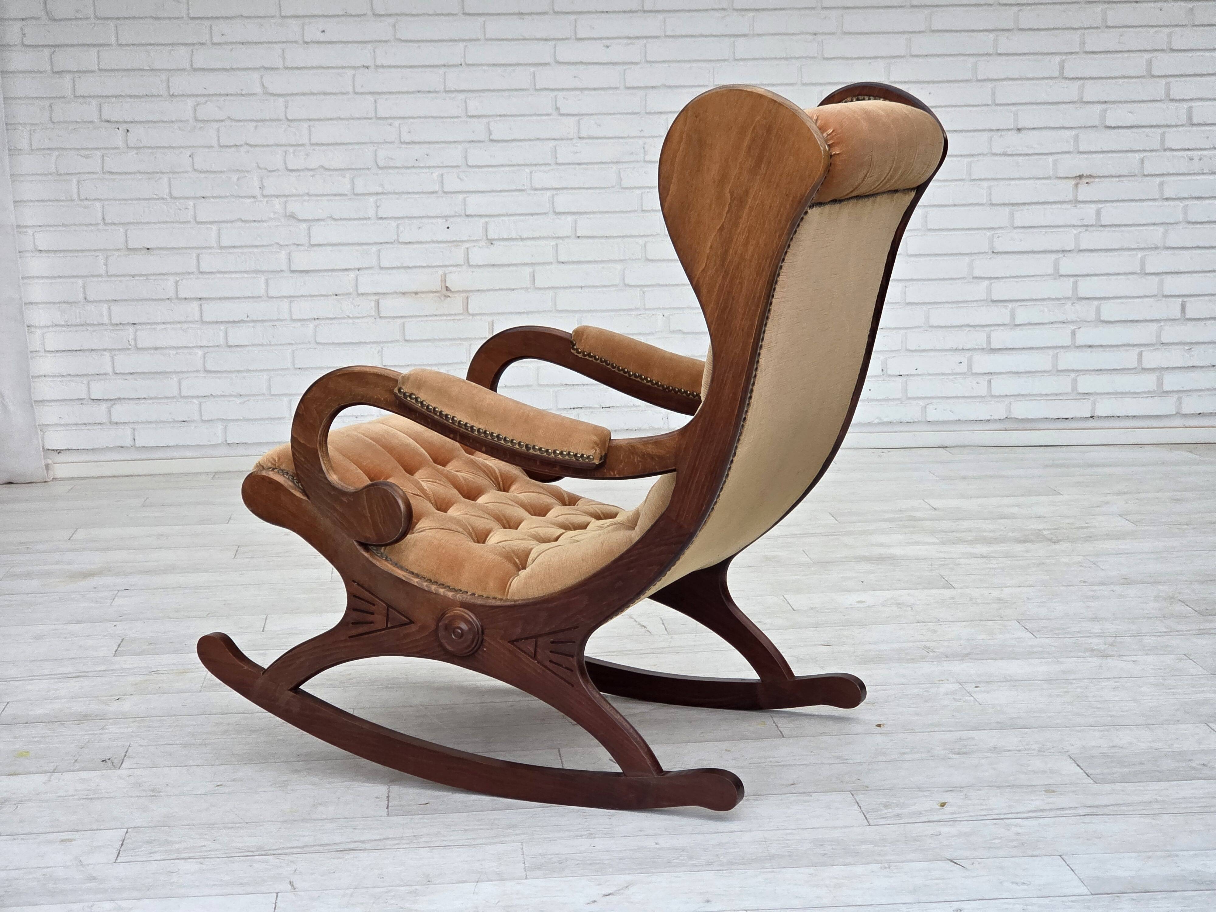 1960s, Scandinavian rocking chair, furniture velour, dark beech wood.