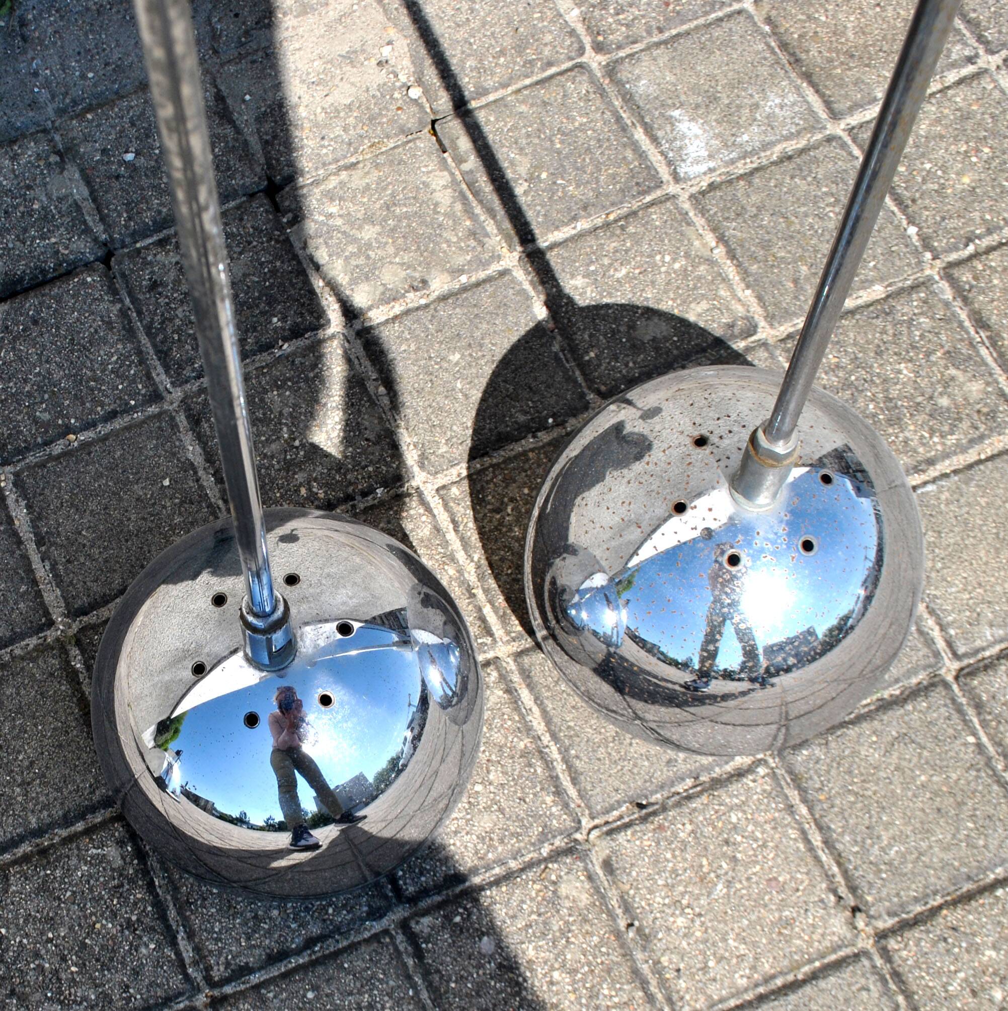 Set of 2 design ball lamps in chromed metal industrial pendant lights 1970
