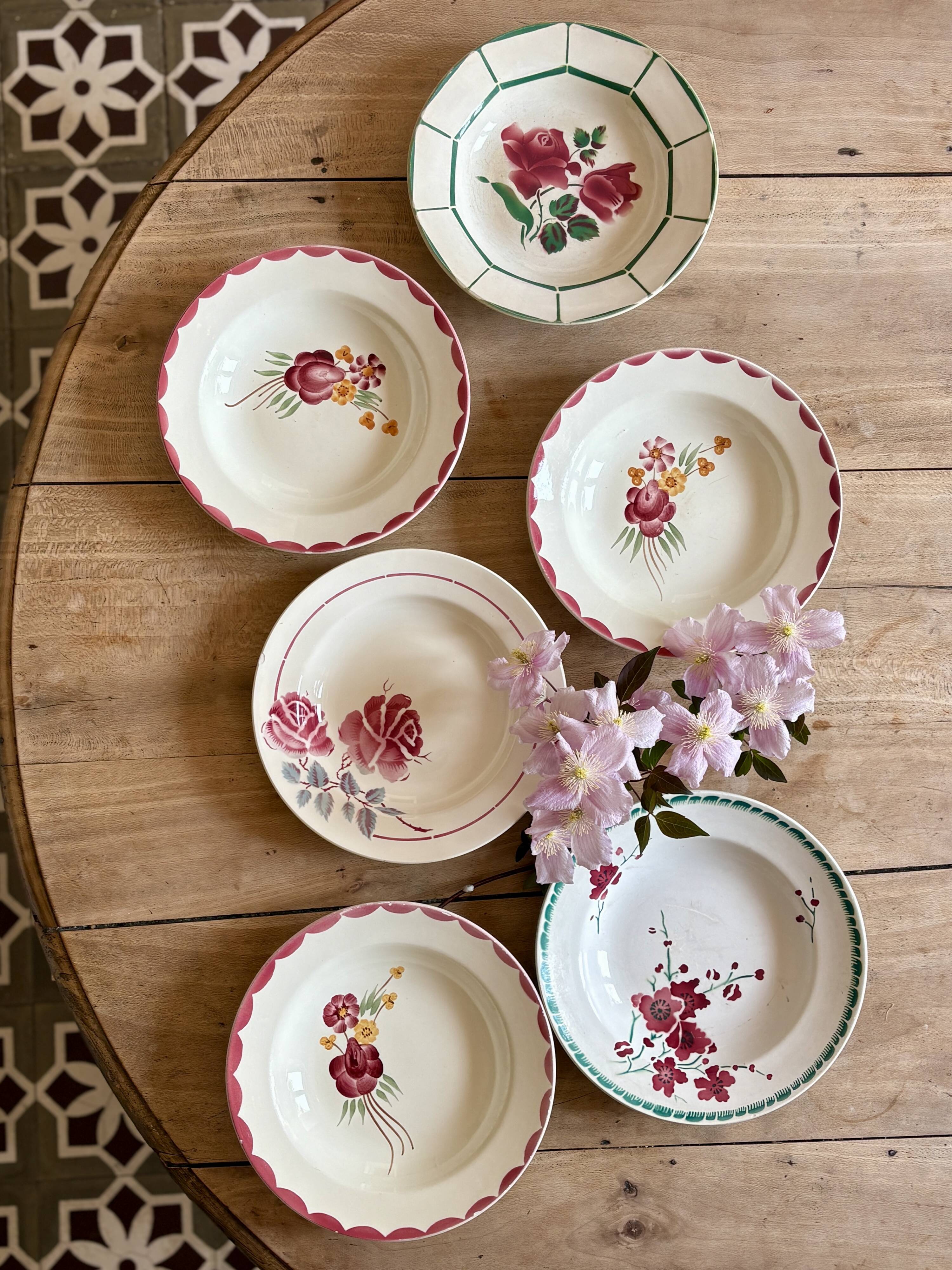 Set of 6 mismatched vintage soup plates