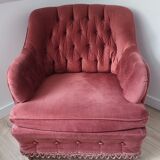 Fauteuil velours vieux rose et son repose pied