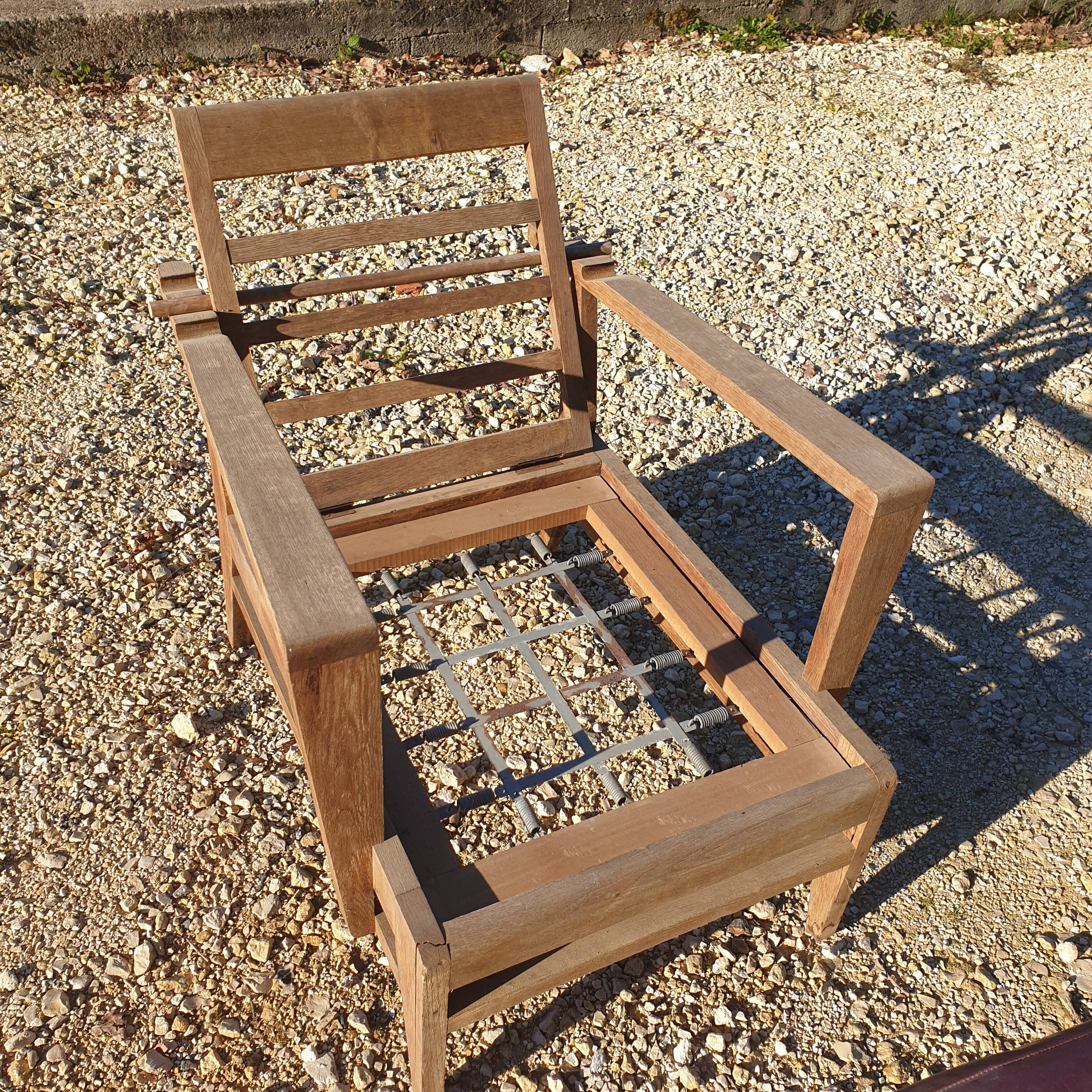 Vintage "Bain De Soleil" Armchair in Oak and Faux Leather Cushions - 20th Century