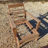 Vintage "Bain De Soleil" Armchair in Oak and Faux Leather Cushions - 20th Century