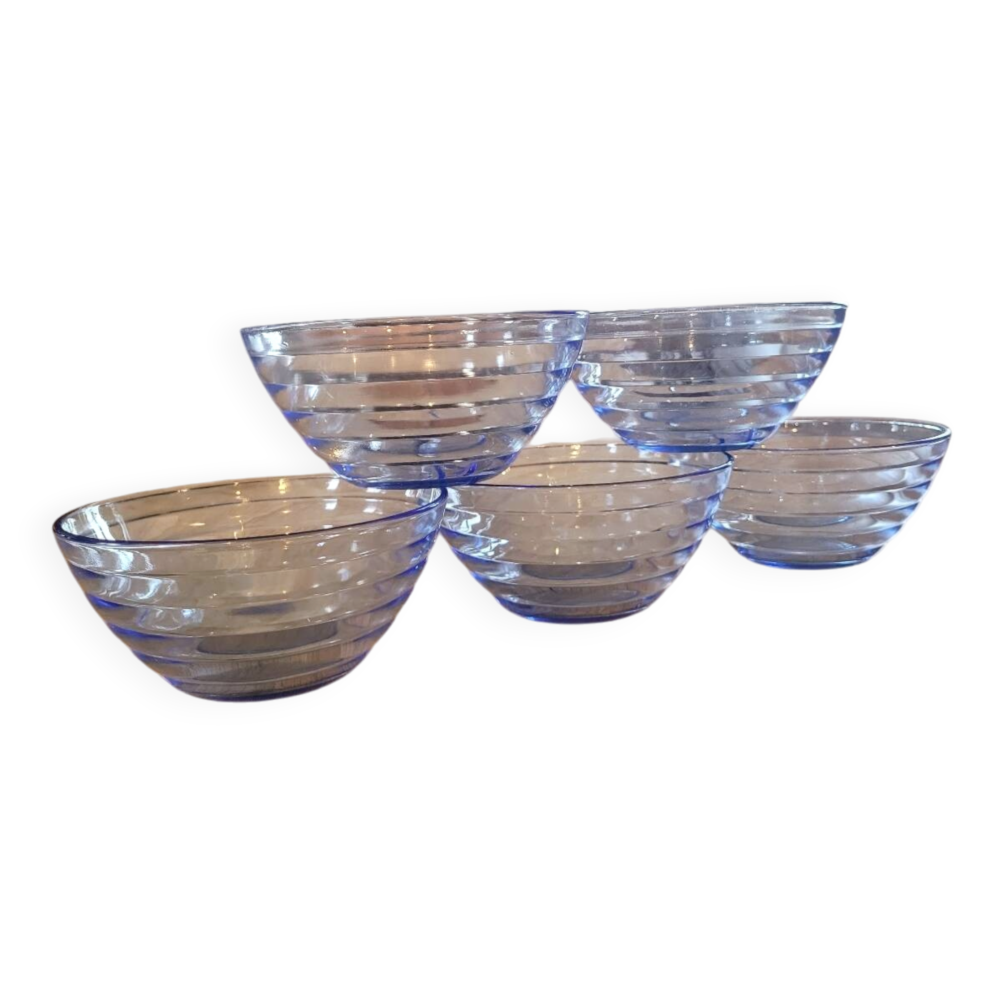 5 vintage blue tempered glass bowls