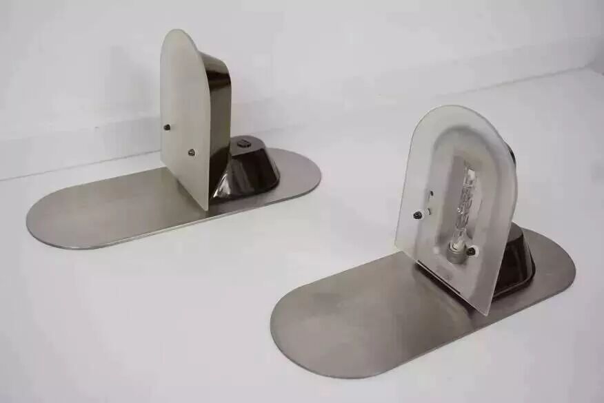 Pair of stainless steel and glass wall lights