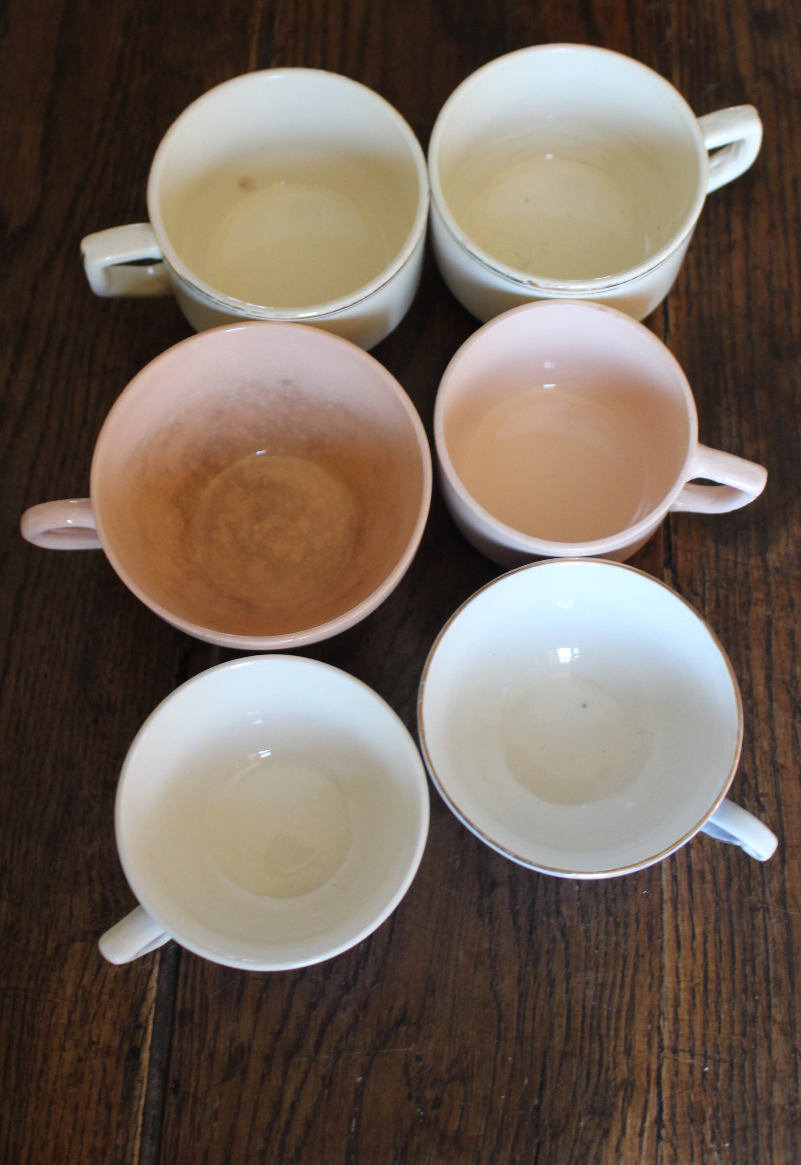 A set of 6 pink, blue, and cream cups from Digoin Céranord Villeroy Art Deco.