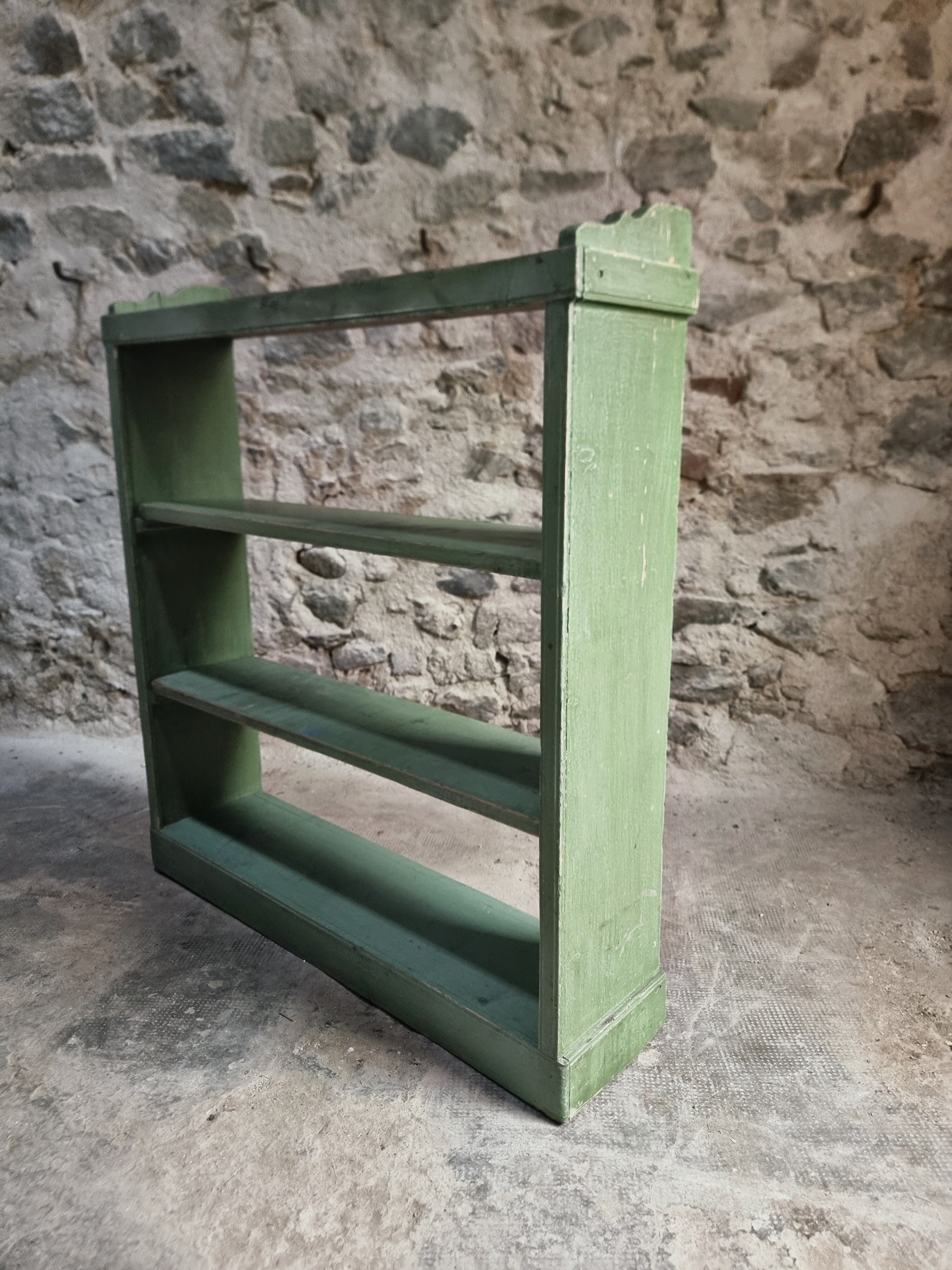 Vintage open pine shelf, original sage green paint, circa 1900–1930.