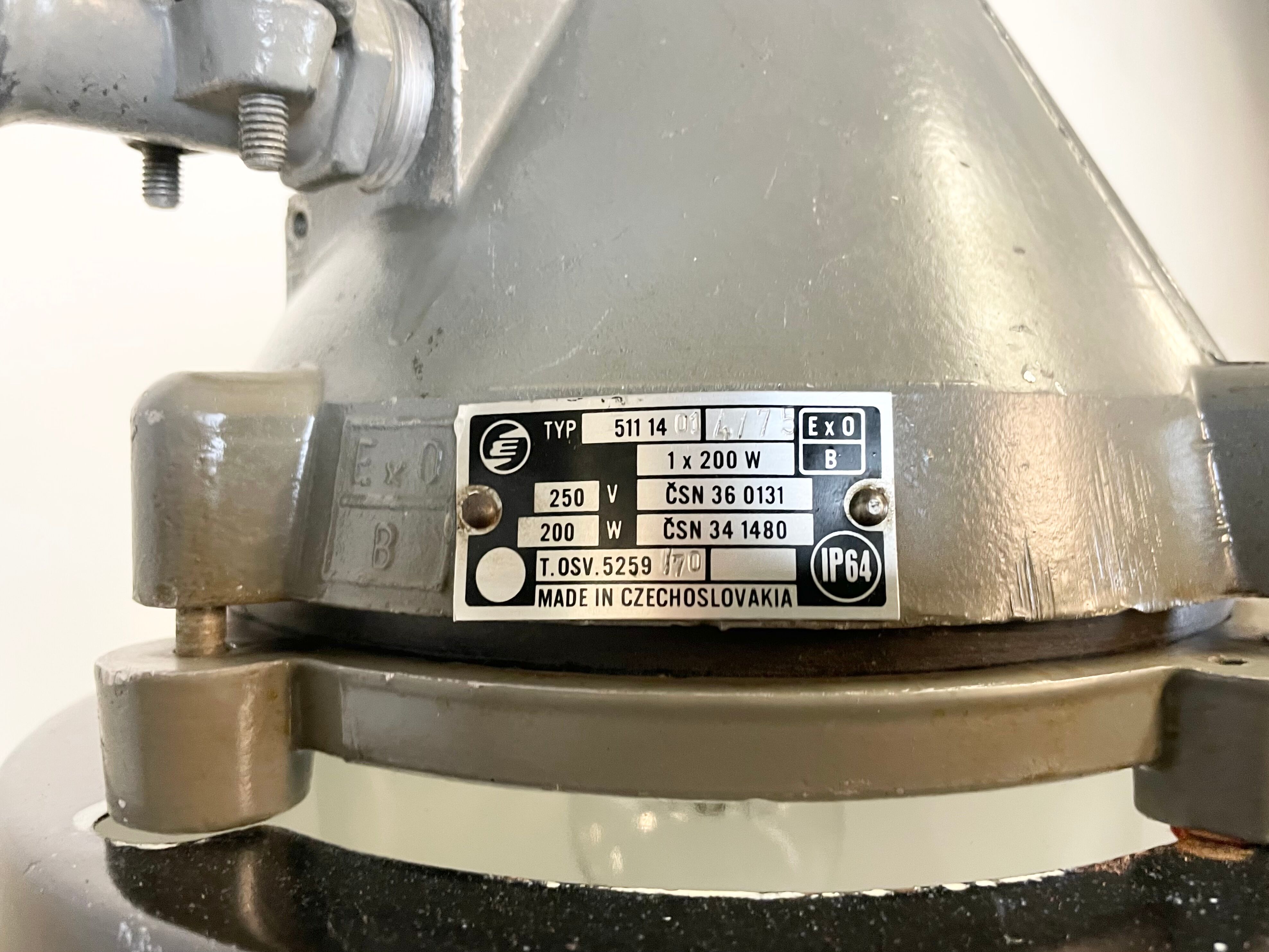 Dark grey explosion proof lamp with black enameled shade, 1970s