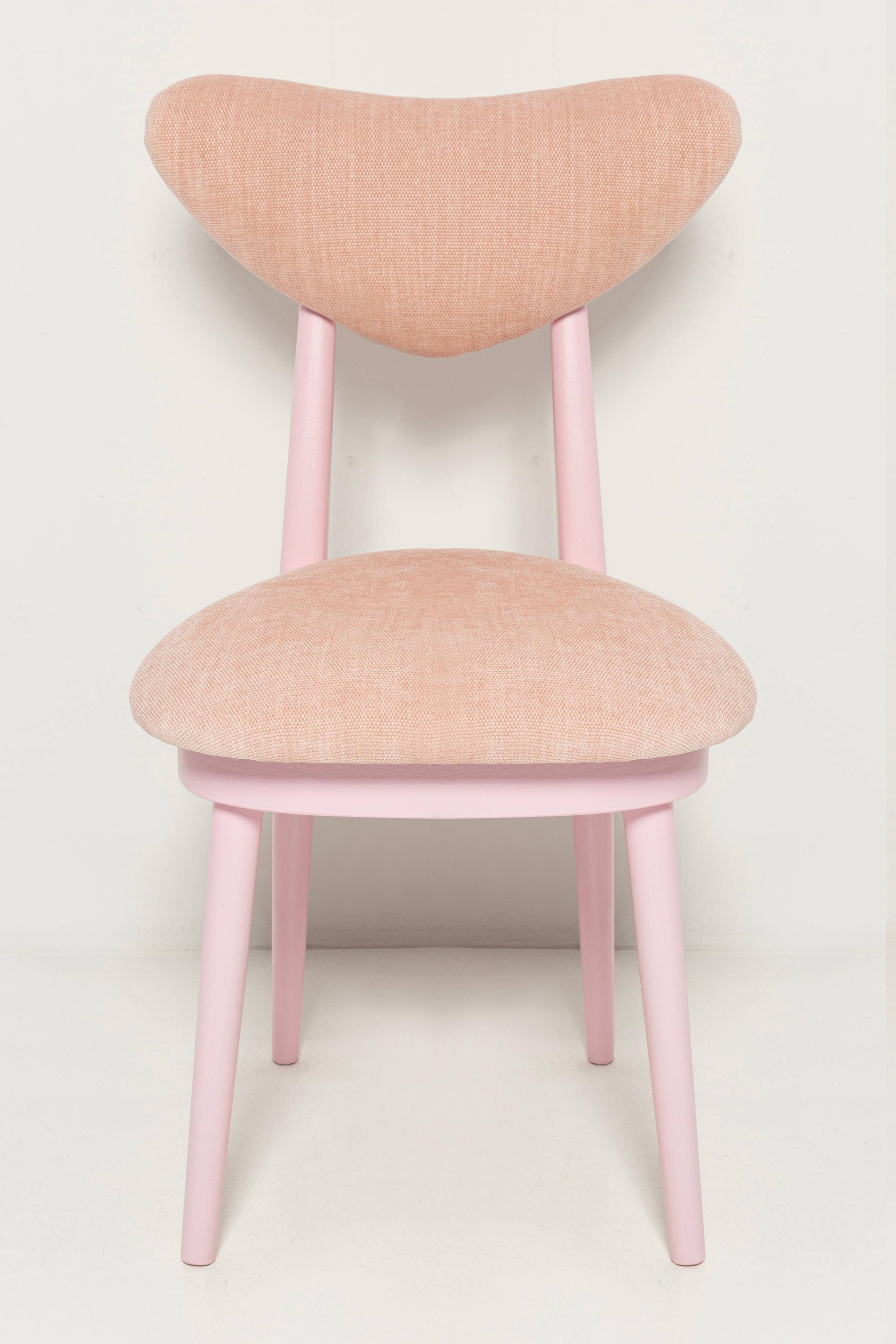 Mid-century heart-shaped chair, light pink chenille fabric, painted pink wood, Europe, 1960s.