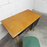 Baumann desk and its matching chair 1960 formica wood and black with green seat