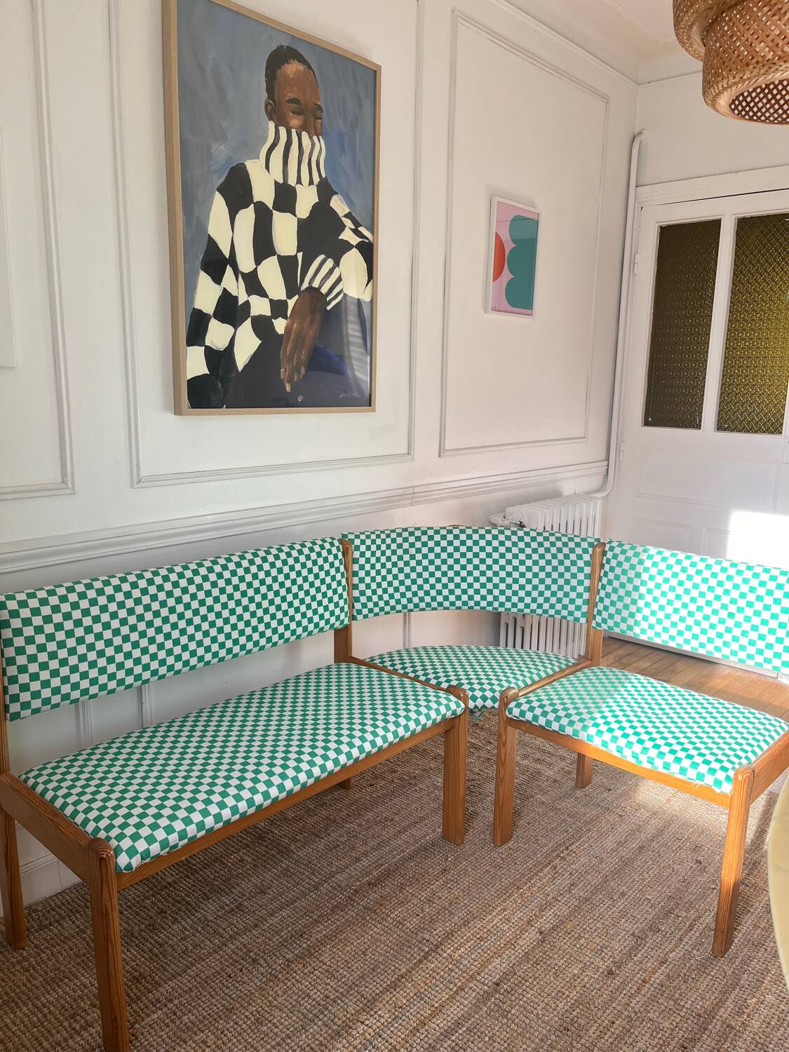 Vintage pine corner bench dining area