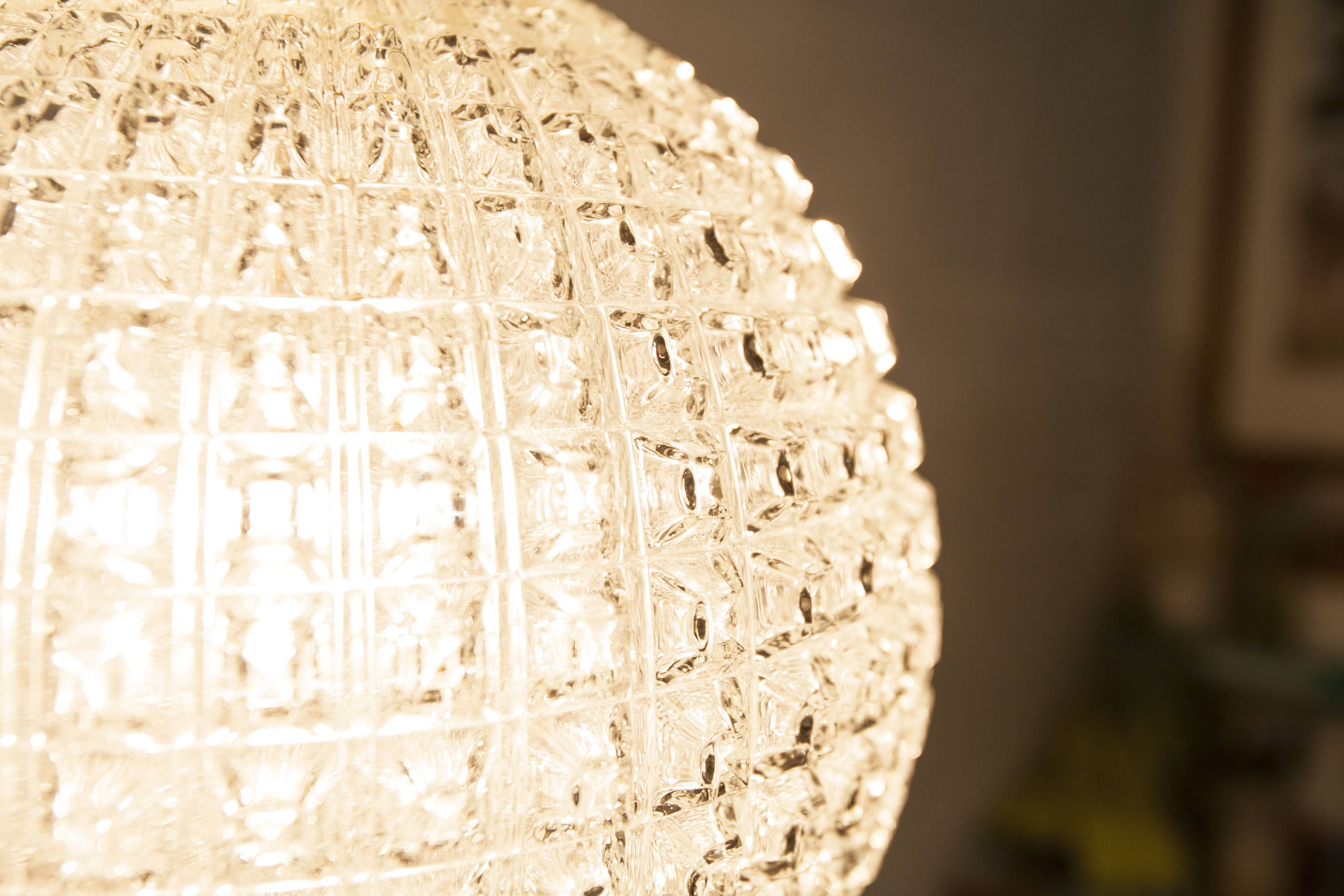 1960s Holophane Ball Pendant Chandelier, Thick Glass, 30 cm, and Vintage Brass