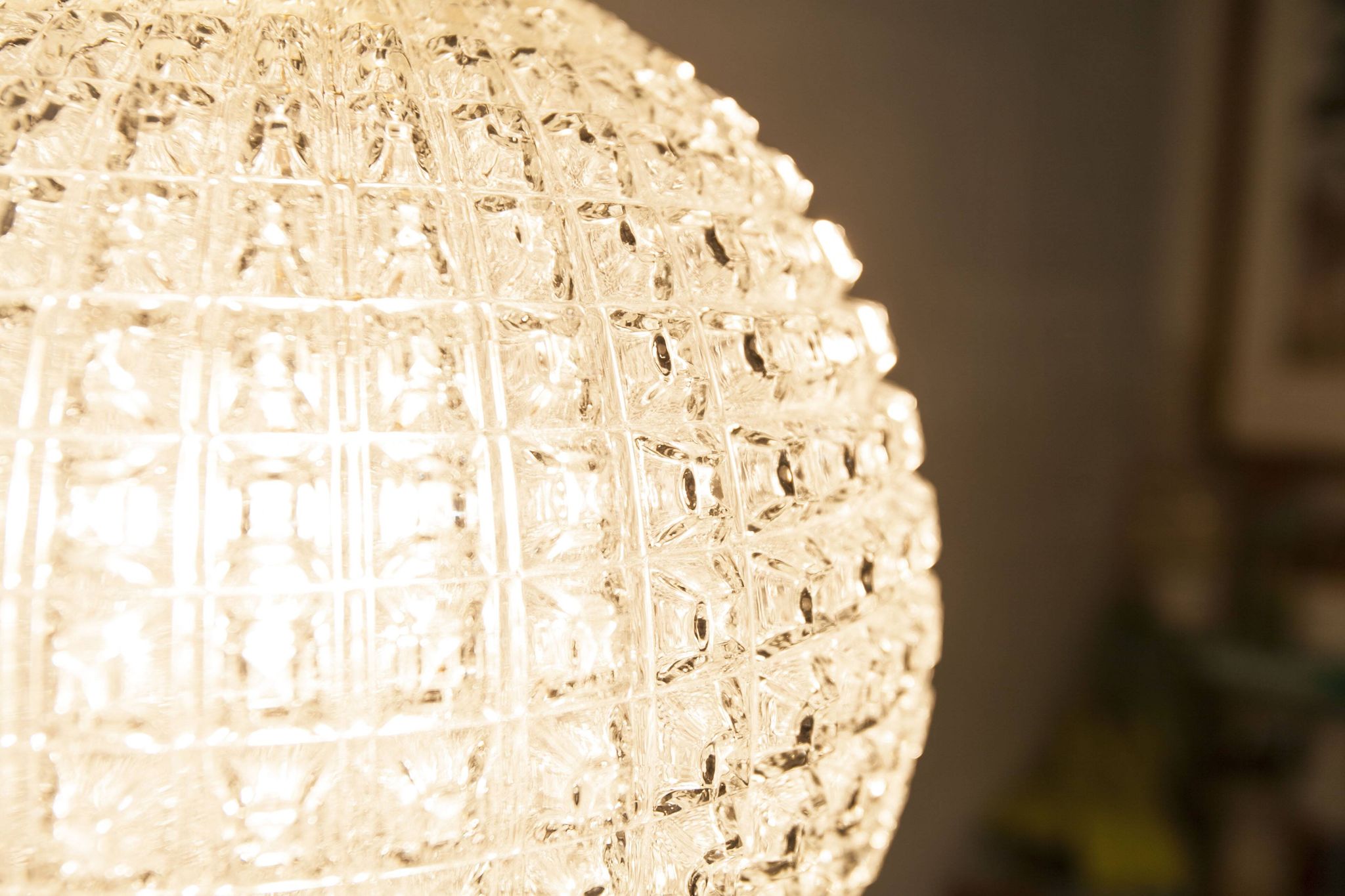 1960s Holophane Ball Pendant Chandelier, Thick Glass, 30 cm, and Vintage Brass