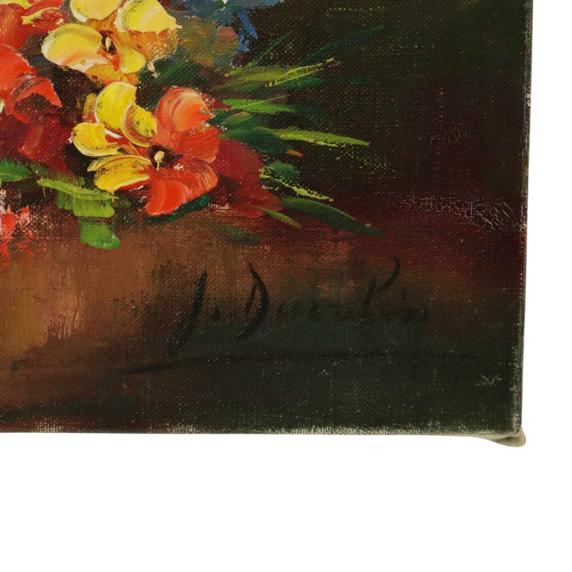Grande nature morte de fleurs colorées signée 60x50cm