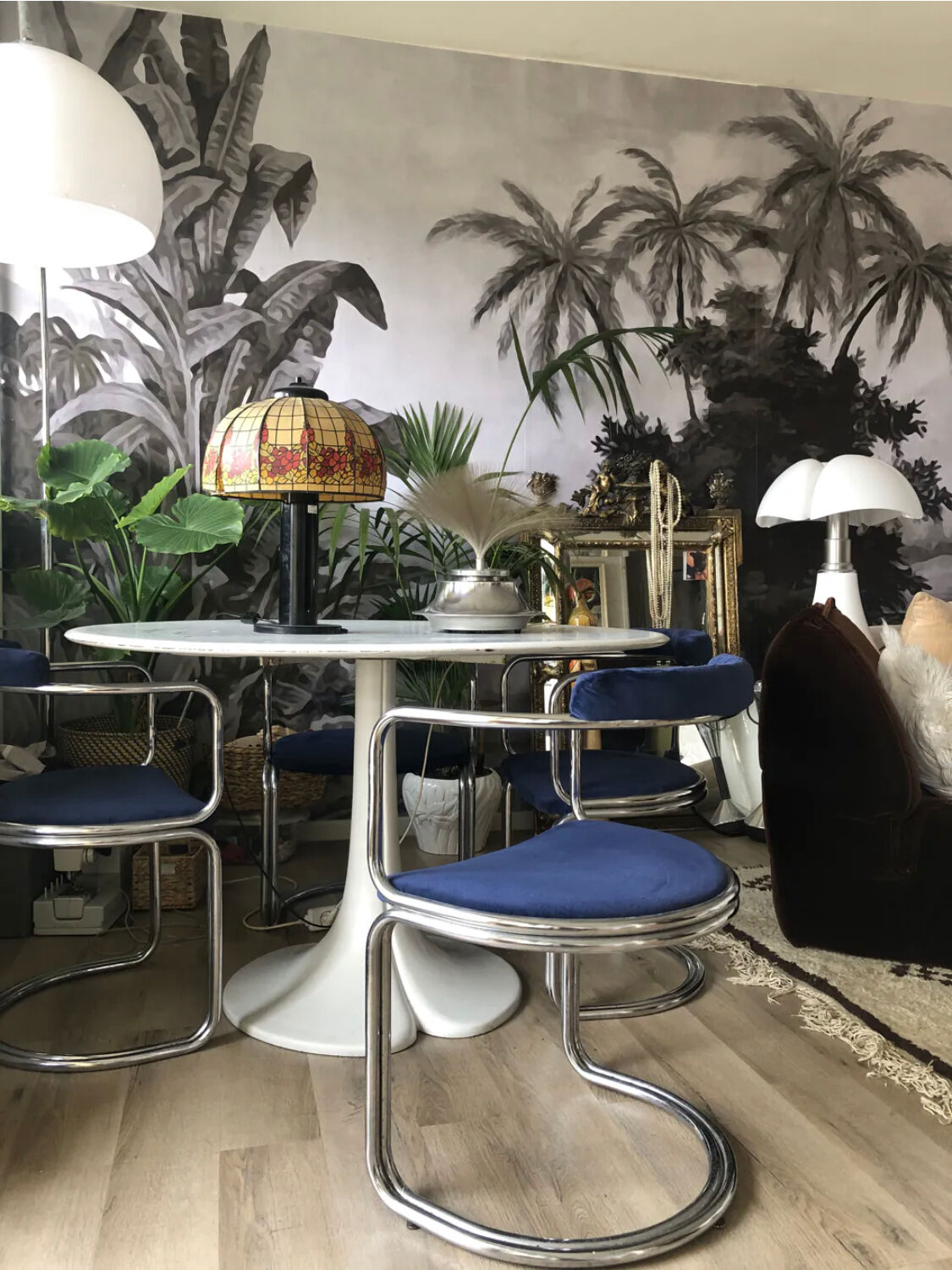 Set of four vintage chrome and velvet chairs