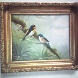 birds, painting on wood, patinated gilded frame