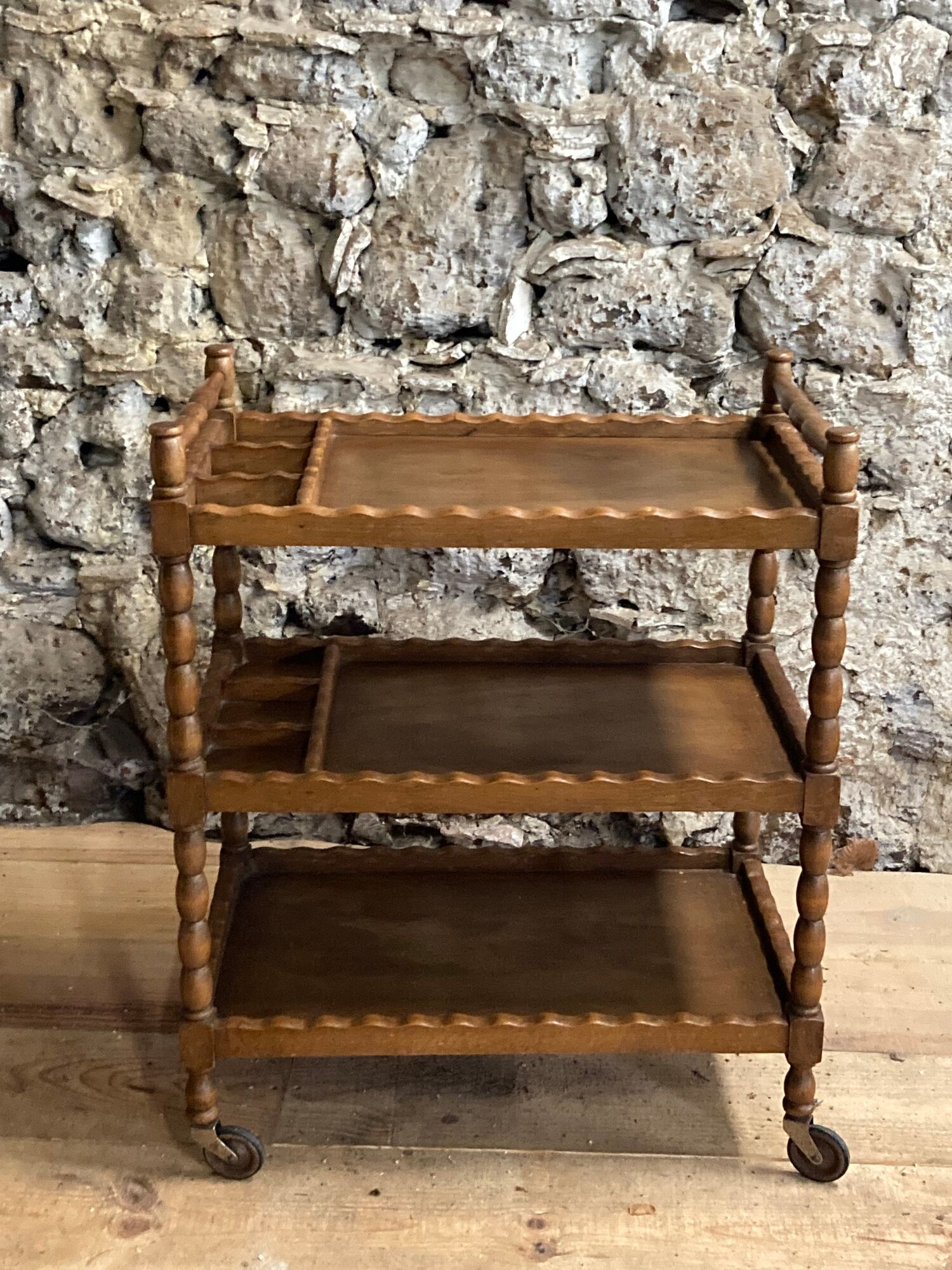Wooden service turned on old wheels with bottle holder