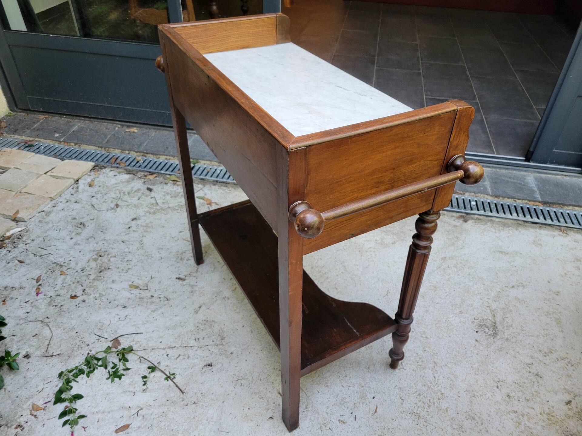 Antique walnut and Carrara white marble dressing table.