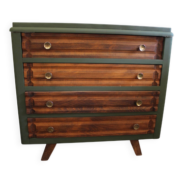Vintage chest of drawers with 4 green and wood drawers.