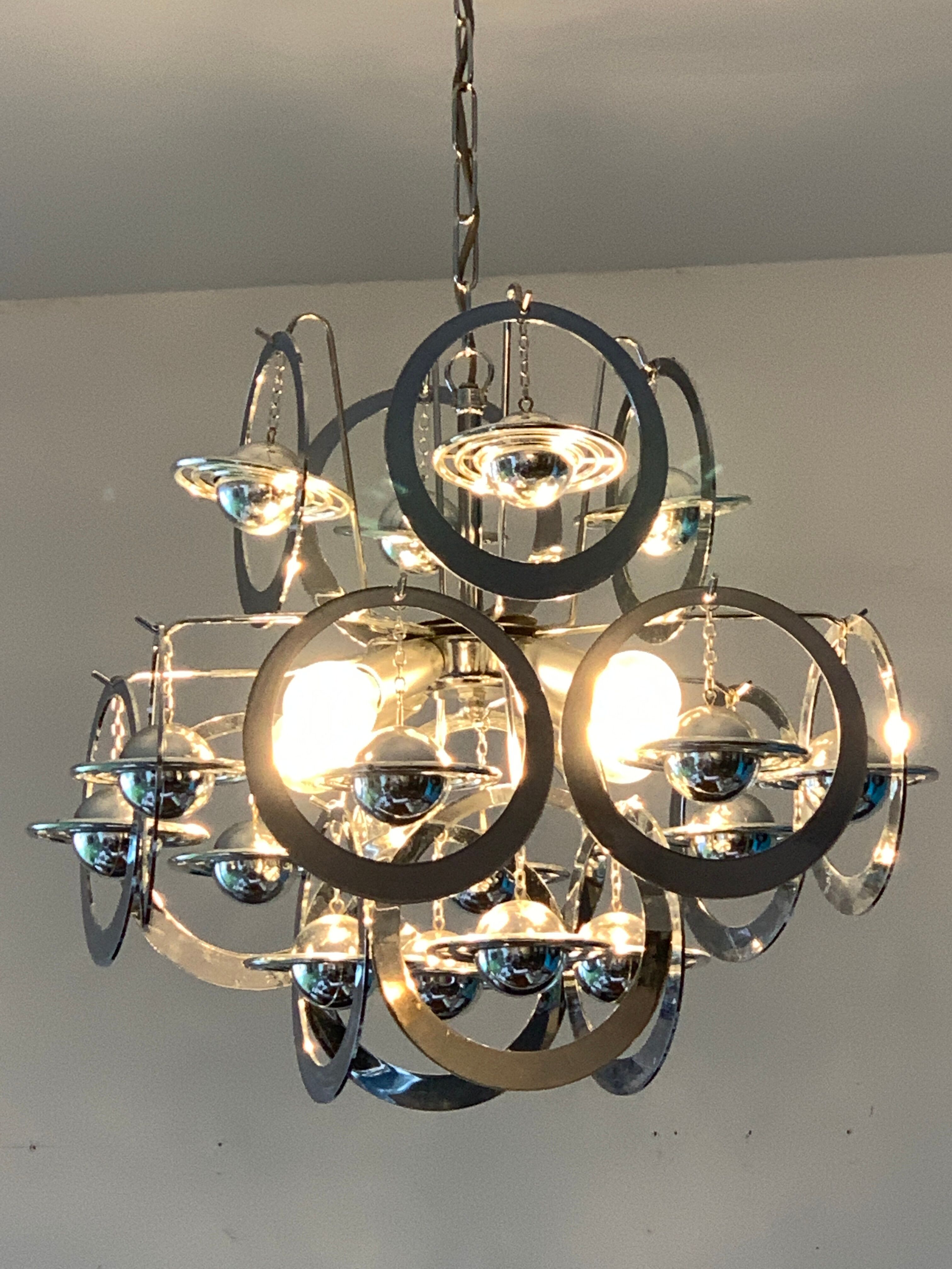 Italian design pendant lamp or chandelier, 16 planets Saturn, space age, 1970