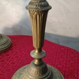 Pair of art nouveau bronze lamps, Tiffany-style glass lampshades