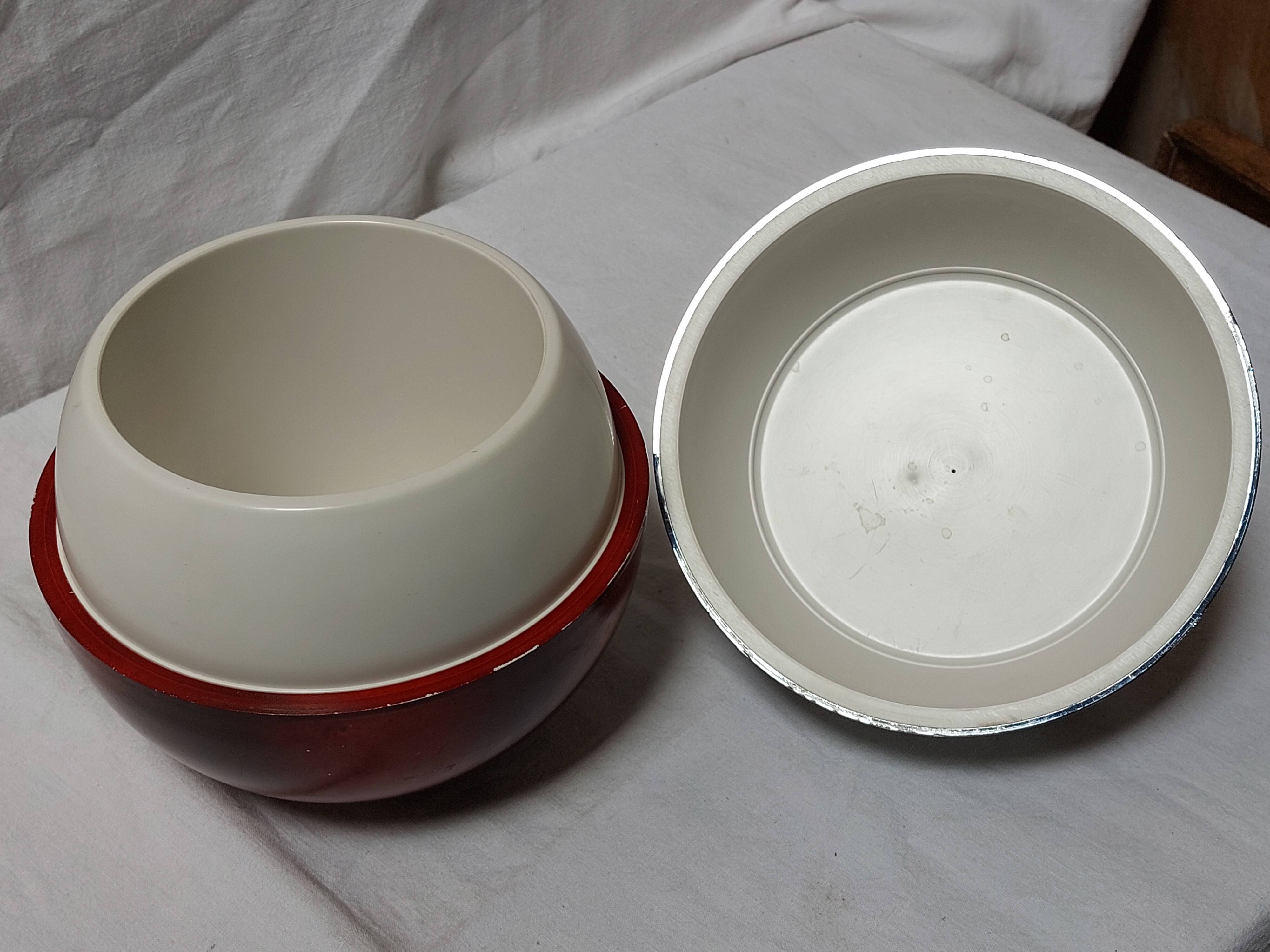 Ice bucket in the shape of an apple, chrome metal and red Bakelite, France, 70s