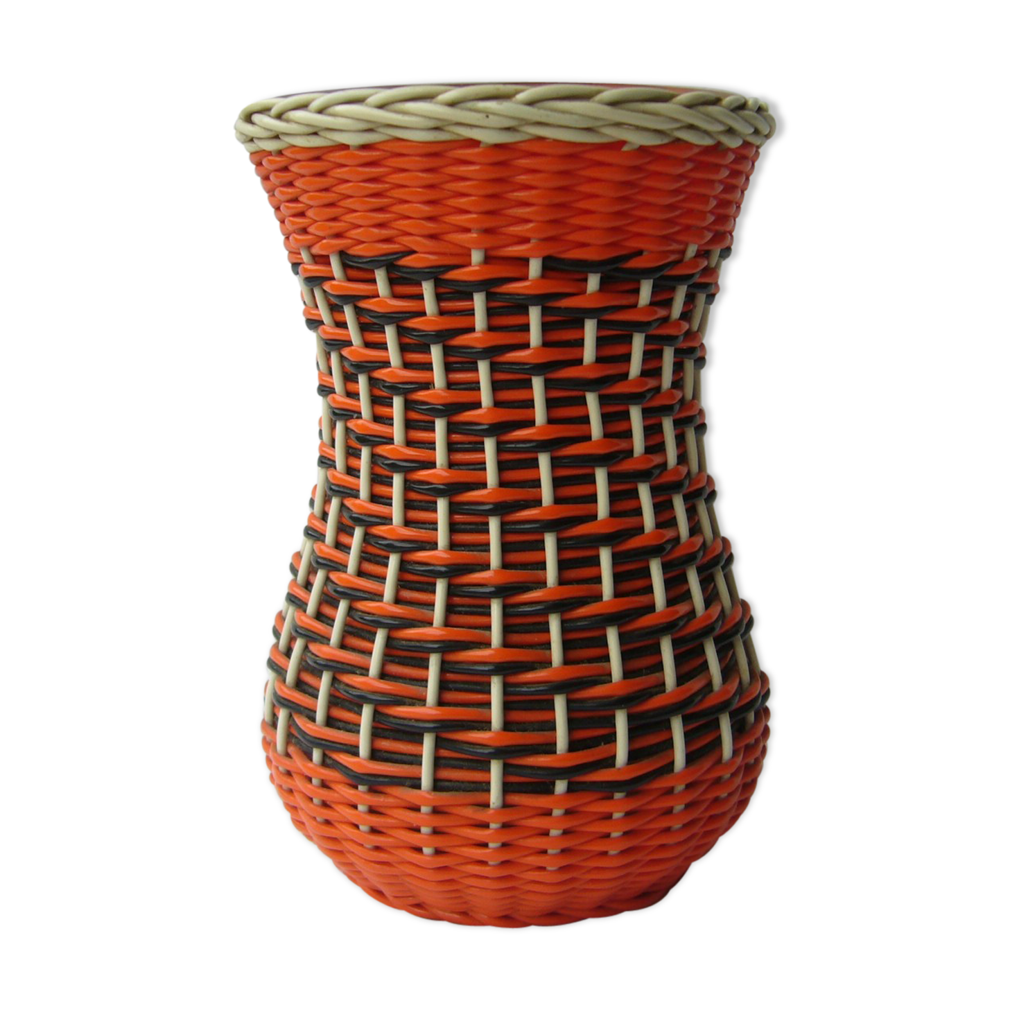 Vase en verre couvert de fils scoubidou, déco 60's