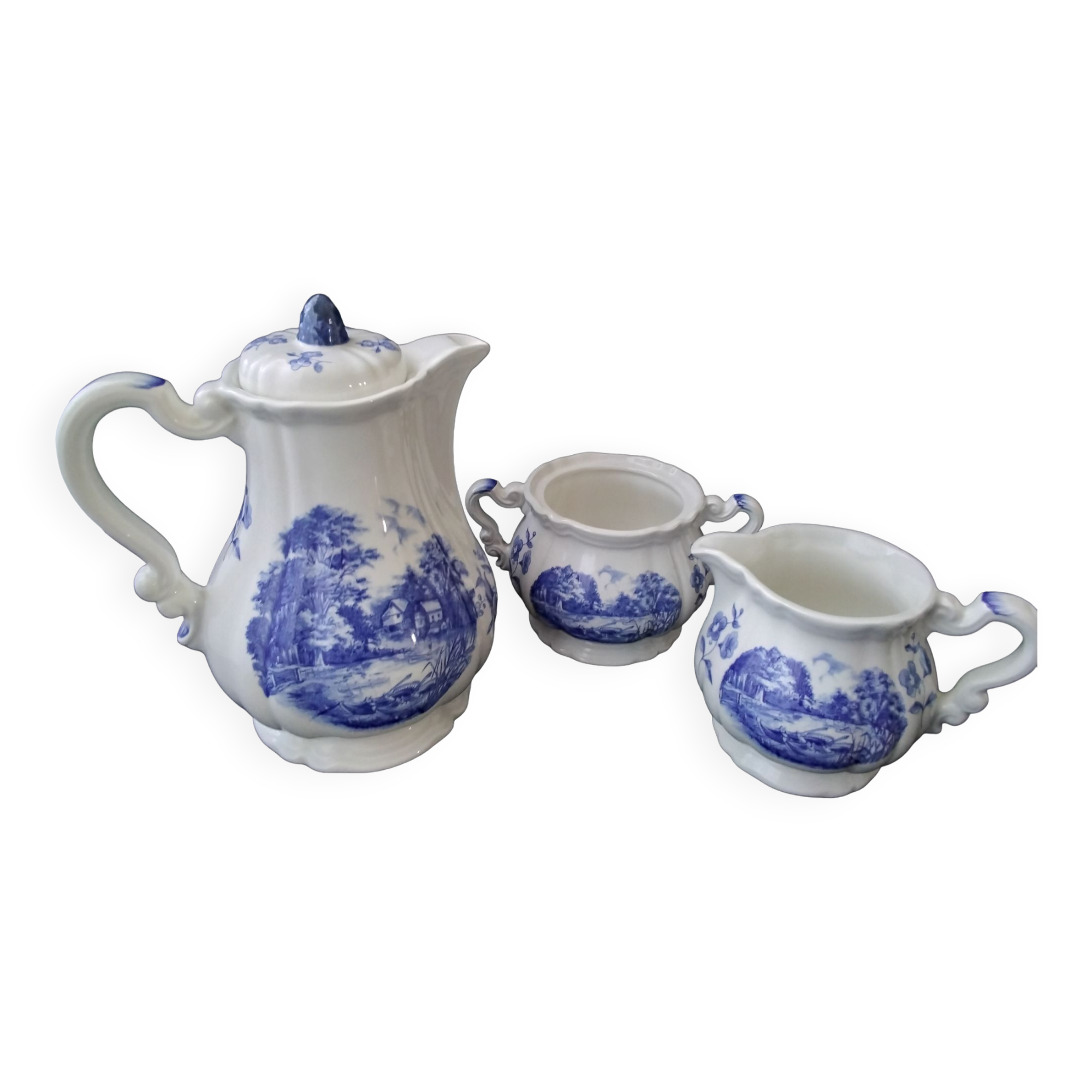 Sarreguemines Romantic model coffee pot, sugar bowl and creamer