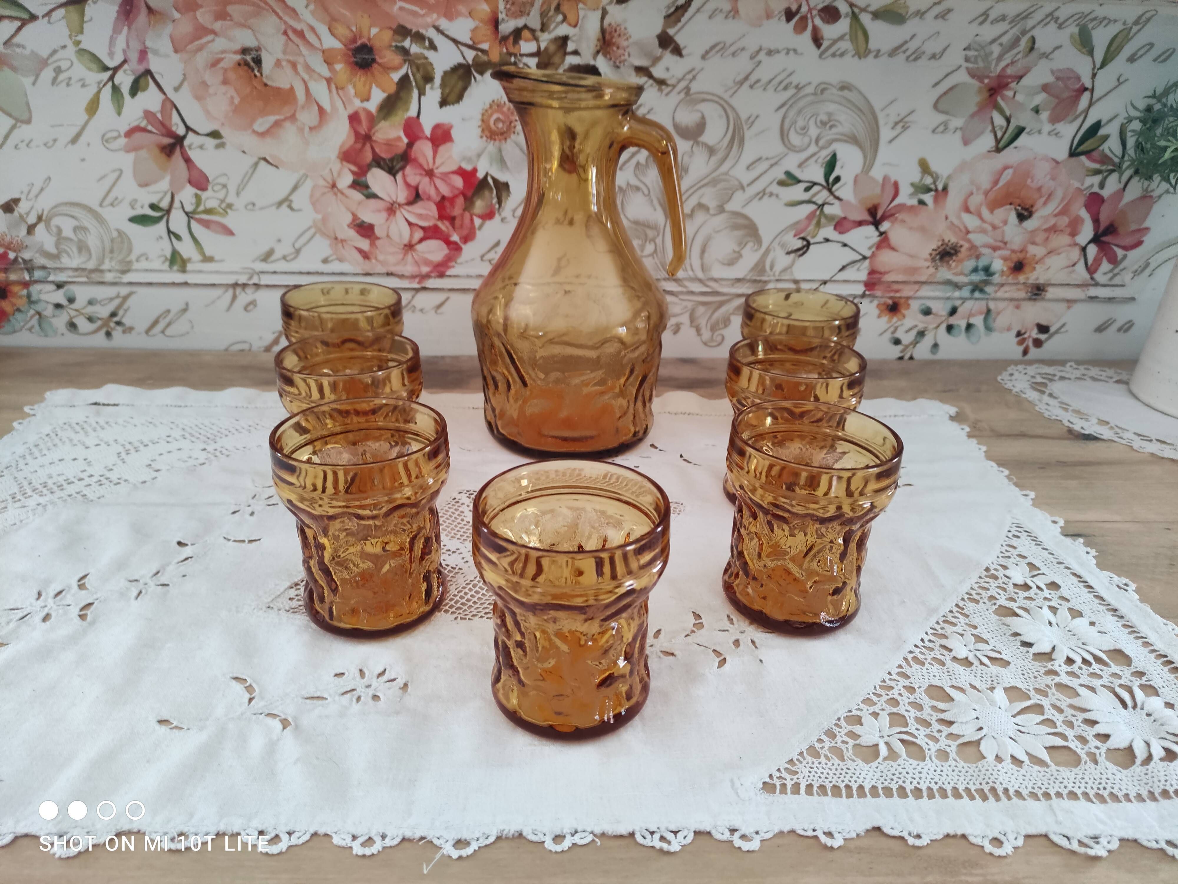 Vintage Italian orangeade or lemonade service 8 pieces 7 people textured amber glass