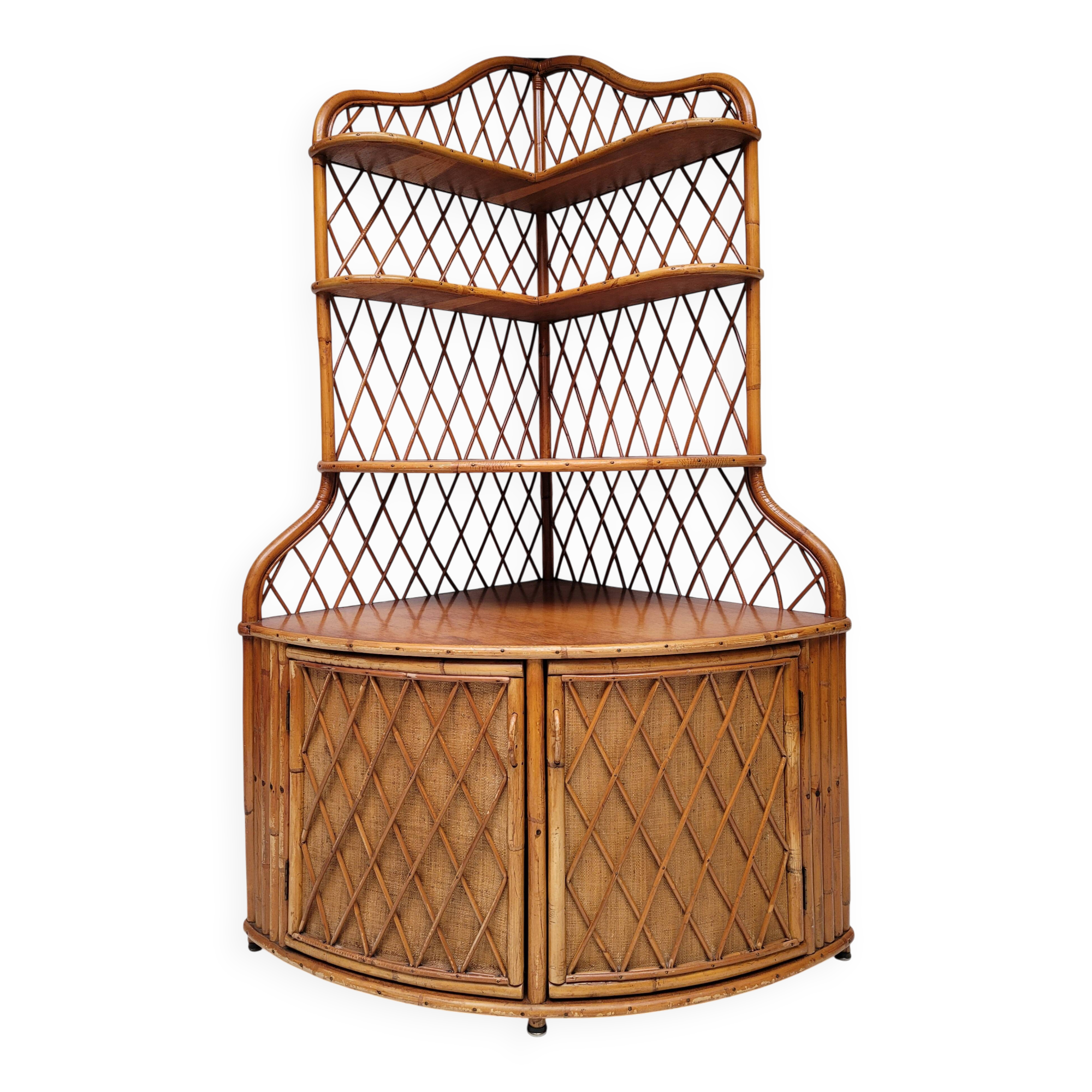 1960s vintage corner rattan bookshelf
