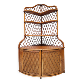 1960s vintage corner rattan bookshelf
