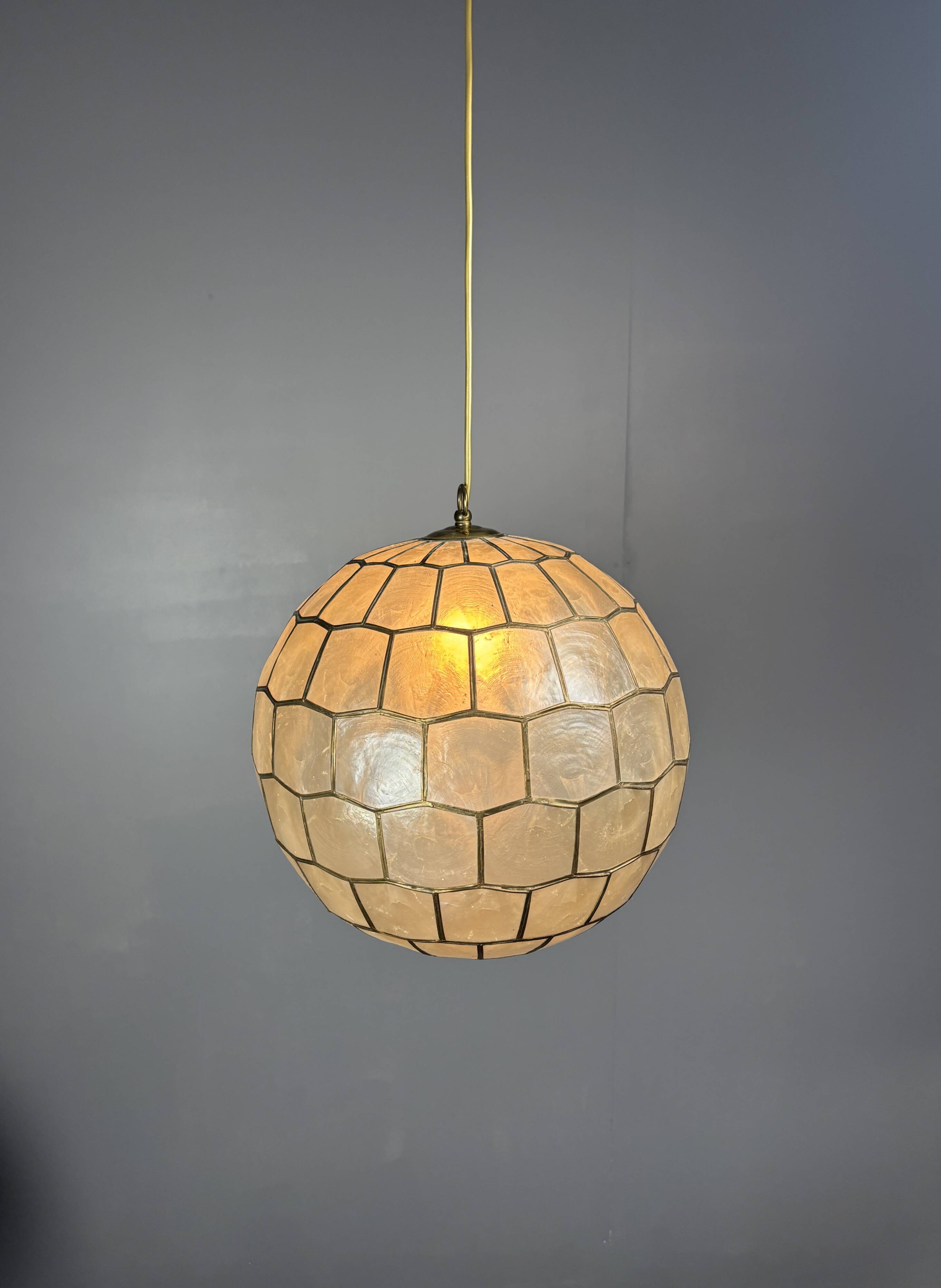 Midcentury mother of pearl Capiz shell & brass sphere large pendant, 1960s
