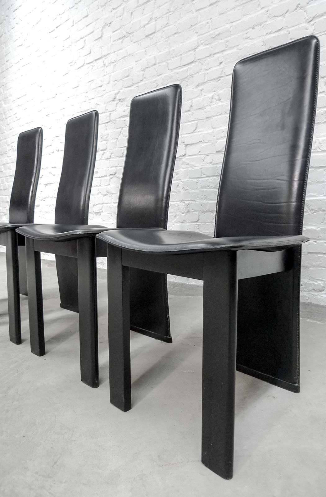 Cidue Style Black Sadle Leather High Back Italian Design Dining Chairs 70s
