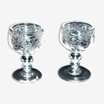 Set of 2 antique liqueur glasses 1900 in crystal acid-etched arabesques - Baccarat?