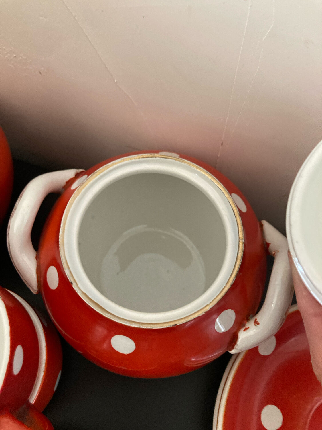 Coffee service, orange earthenware cups from Digoin Sarreguemines.