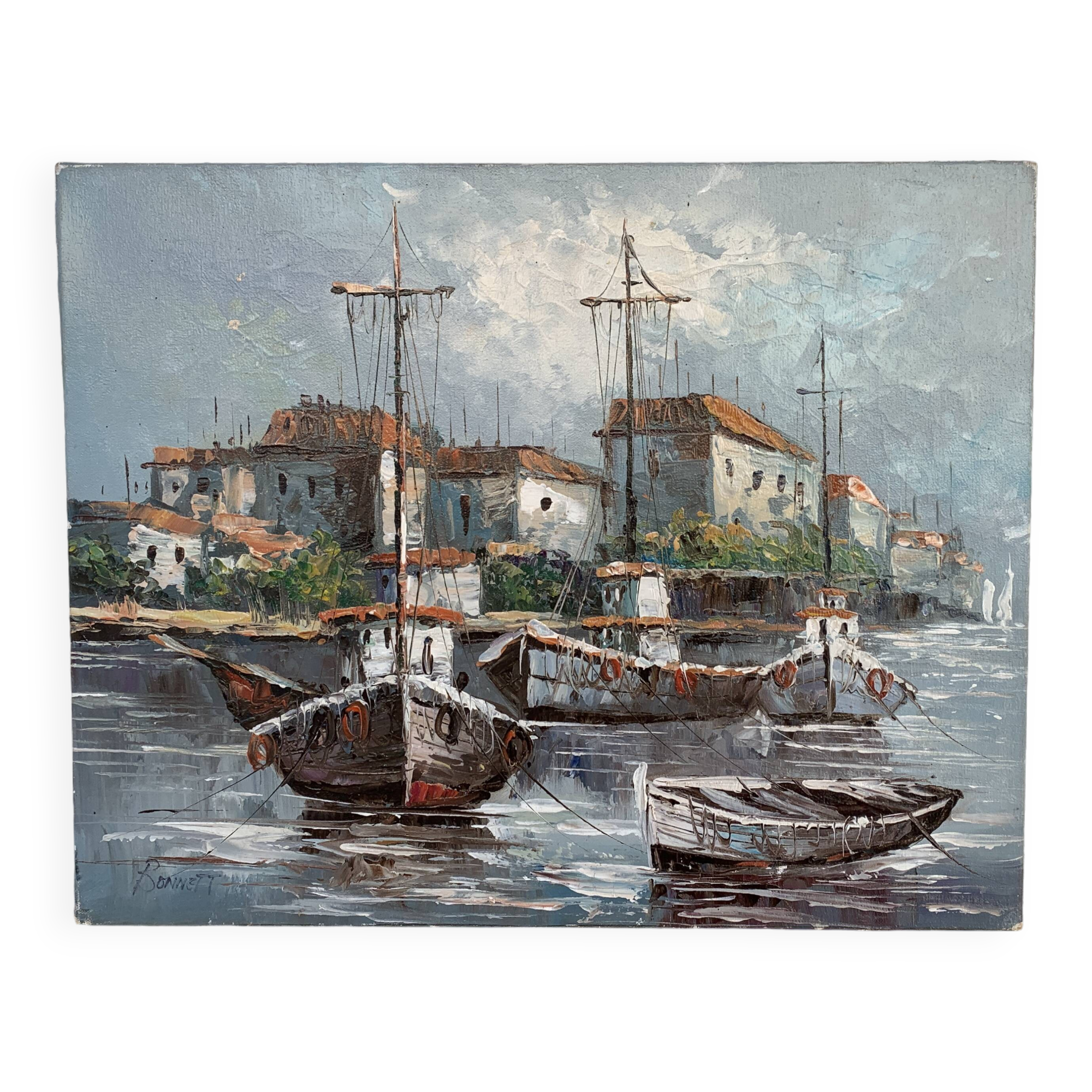 Beautiful oil painting on canvas Marine Signed Bonnett