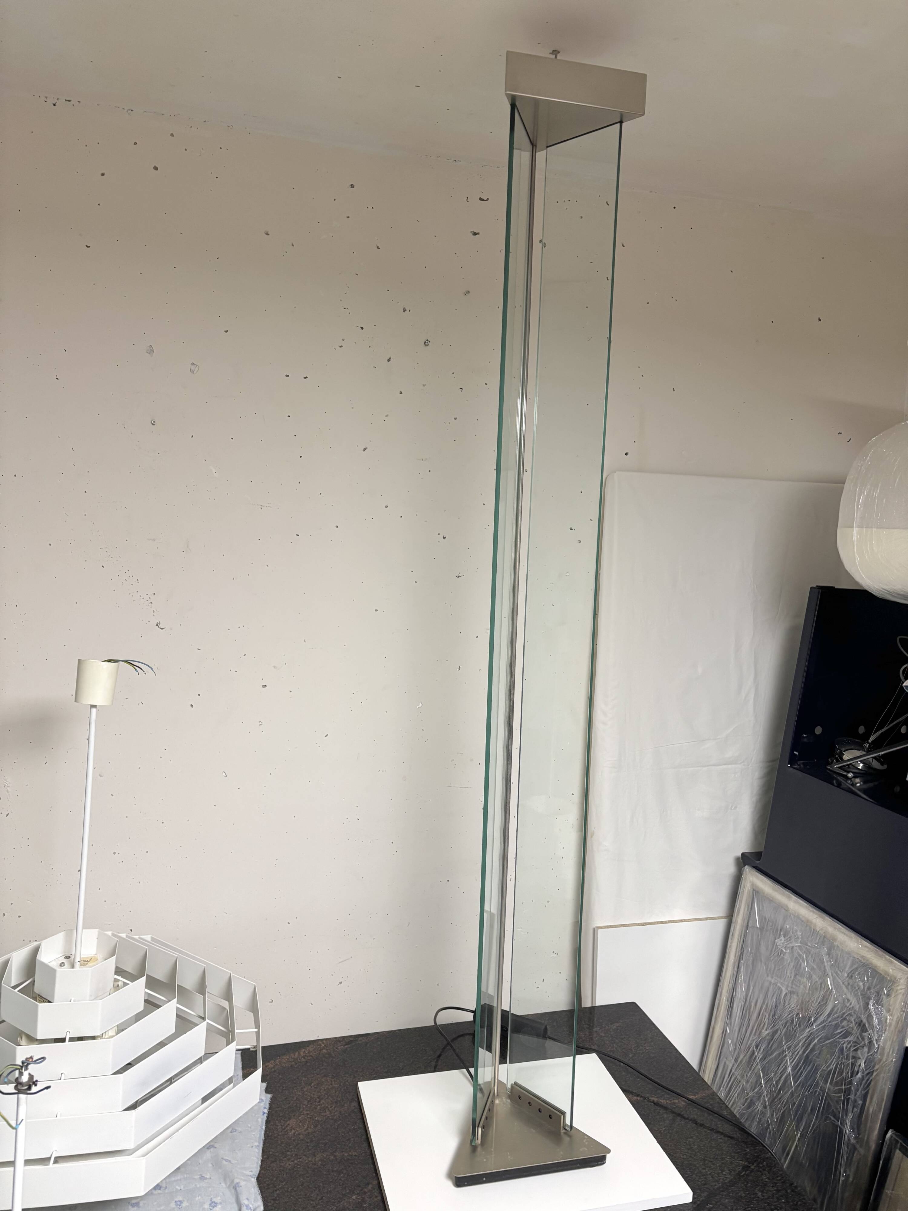 Glass and chrome-plated steel floor lamp, Mauro Marzollo, TVE 1980