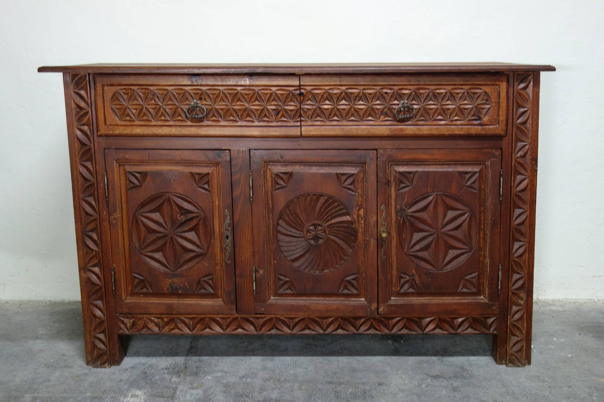 Carved pine sideboard, mountain folk art, 1950s