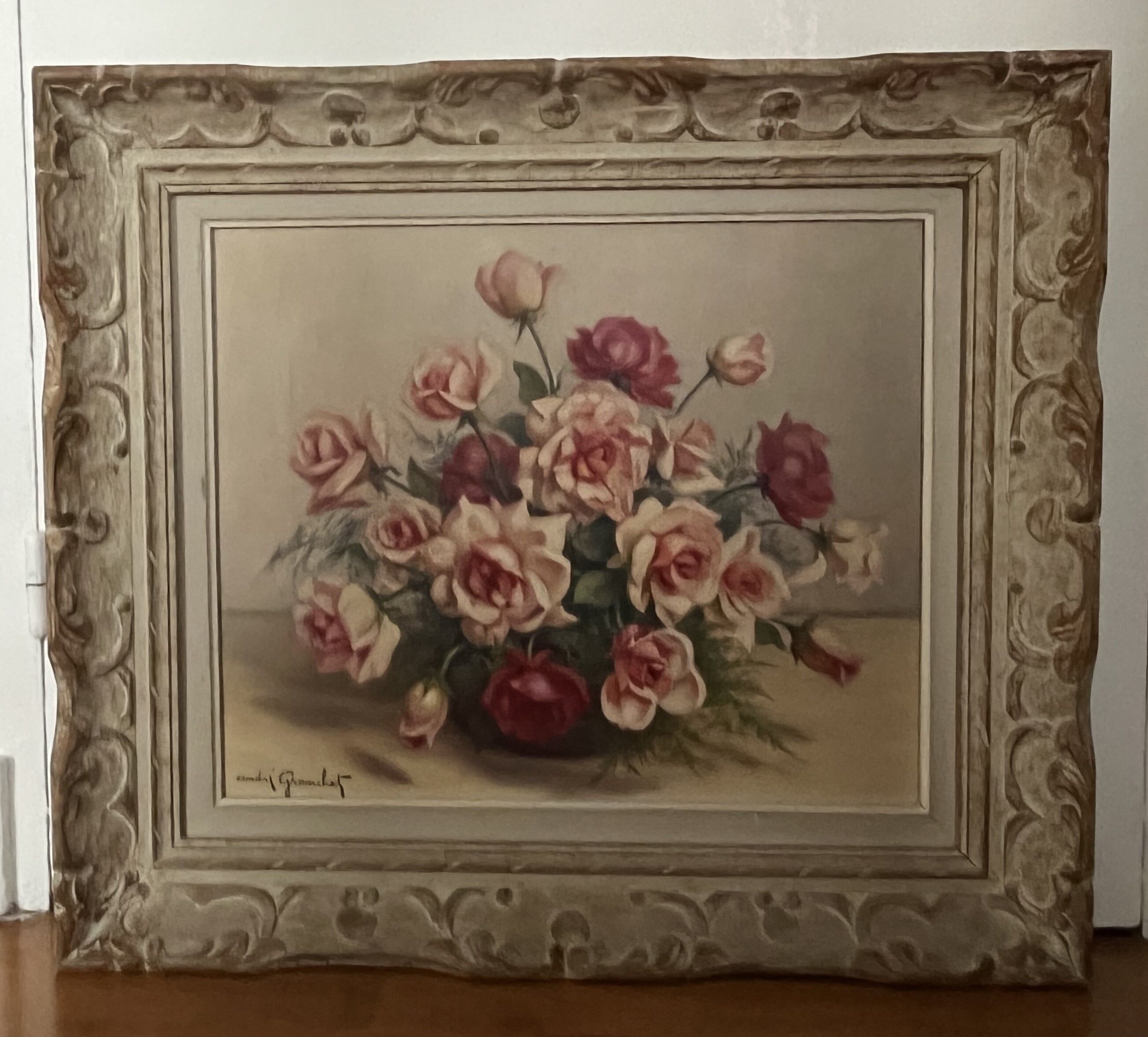 Huile sur toile - nature morte au bouquet de roses