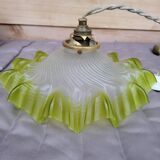 Pleated Frosted Glass Lampshade with Green Ouraline Border, 19th Century
