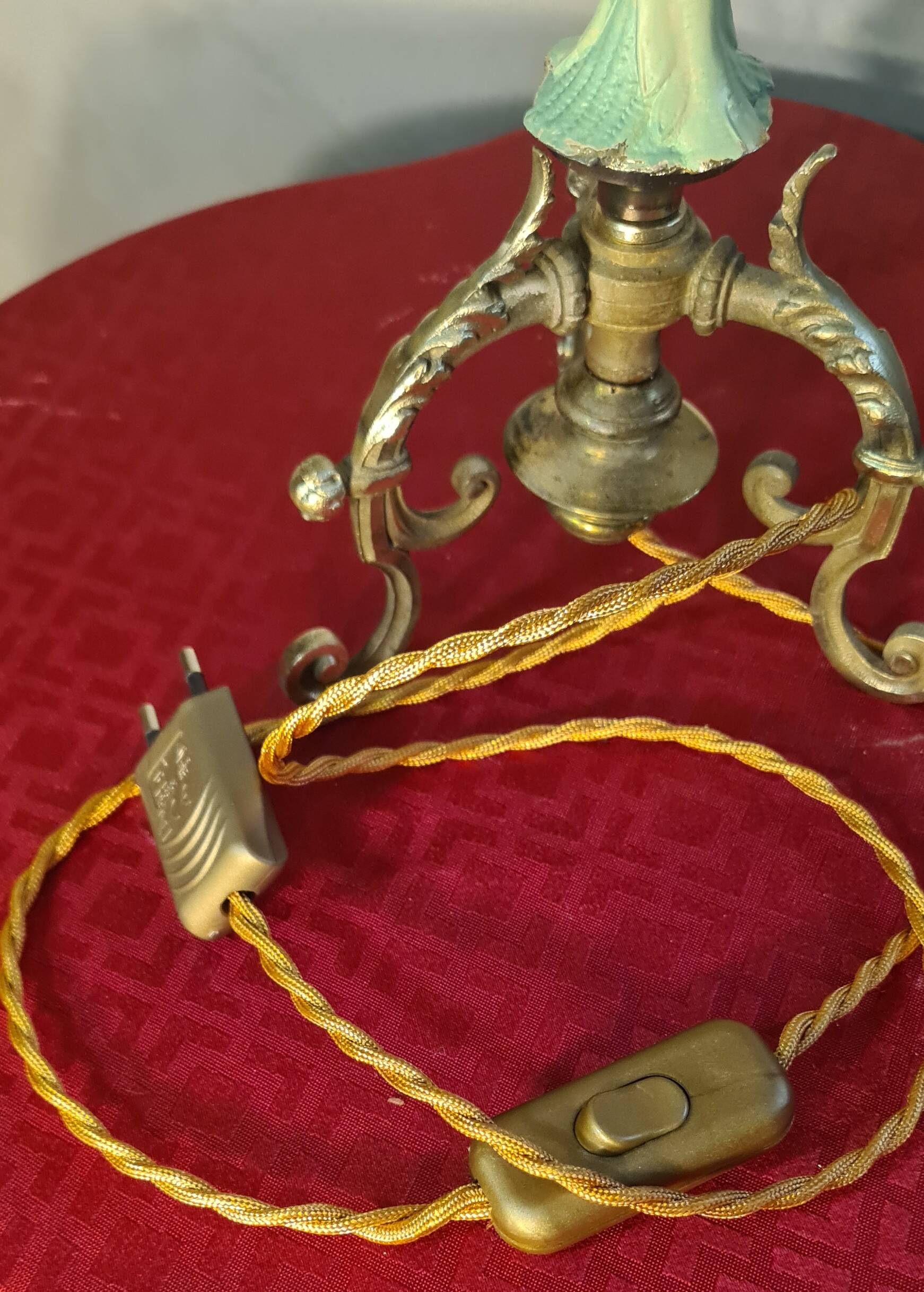 Art Nouveau bronze chalice lamp with antique tulip and painted water green glass