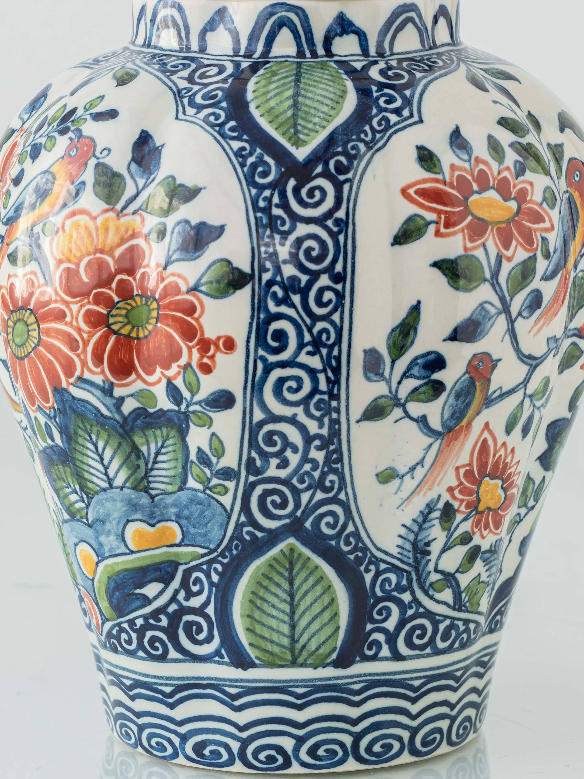 Delft Polychrome Chinoiserie Table Lamp, Tichelaar Makkum, New Silk Shade