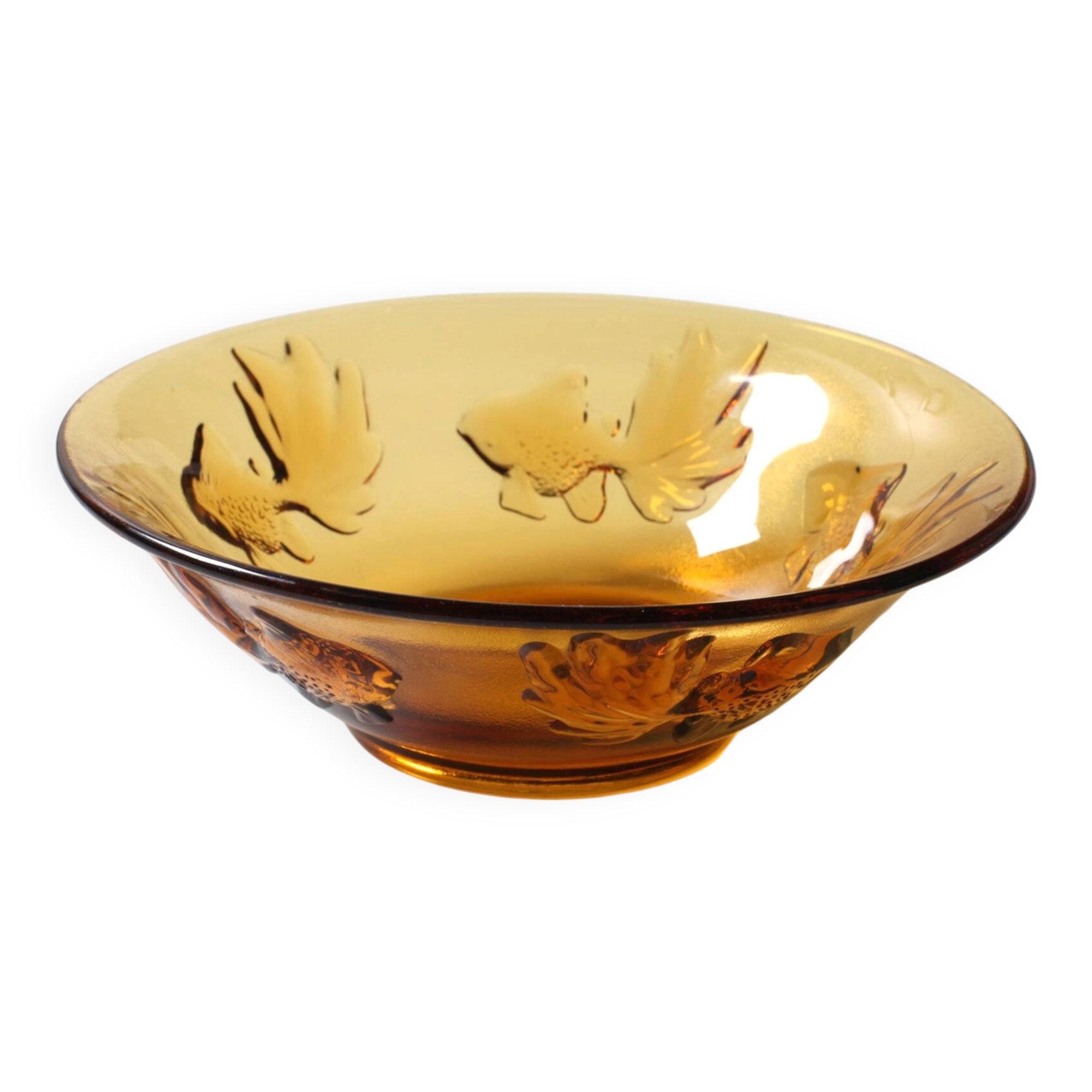 Vintage Amber Glass Bowl with Embossed Fish Pattern / Czech Repulic / 1980s