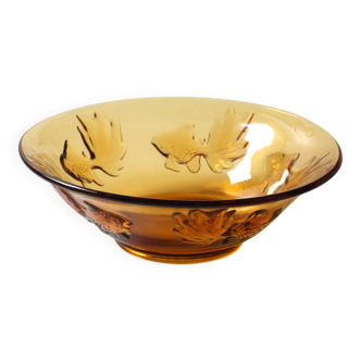 Vintage Amber Glass Bowl with Embossed Fish Pattern / Czech Repulic / 1980s
