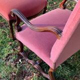 Armchair Voltaire or shepherdess and foot rest in pink velvet Louis XVI