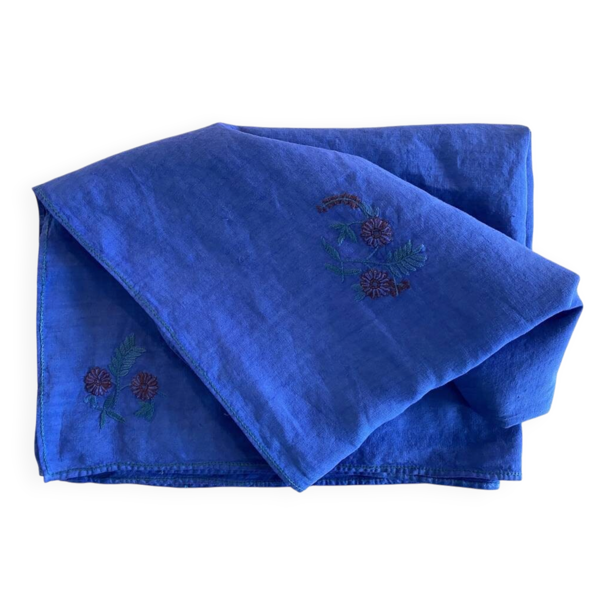 Vintage hand-embroidered tablecloth, floral patterns - Ocean blue - Linen - 160x155 cm