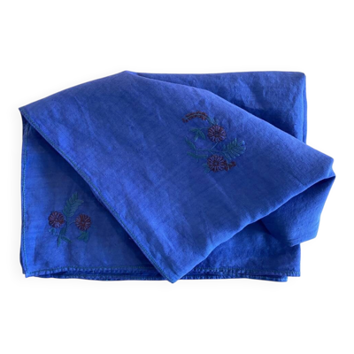 Nappe ancienne brodée main, motifs floraux - Bleu océan - Lin -160x155 cm